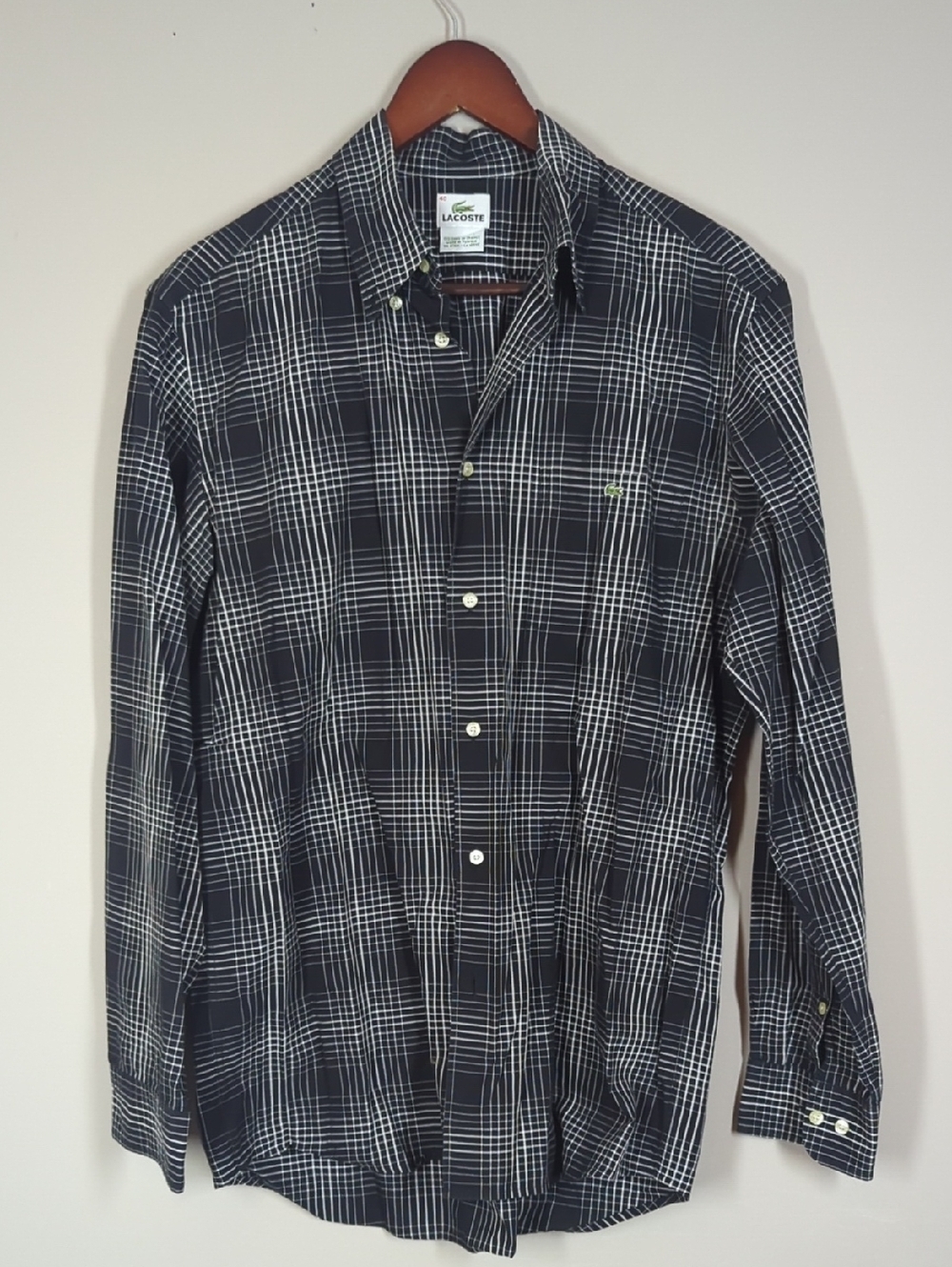 Lacoste Men's Black & White Plaid Button-Down Shirt M